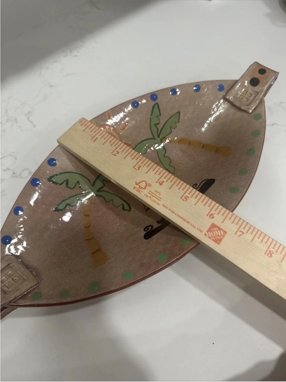 Hand Painted Oblong Pottery Dish Sun Palm Trees Cats Folk Art